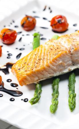 baked salmon with green asparagus and cherry tomatoes