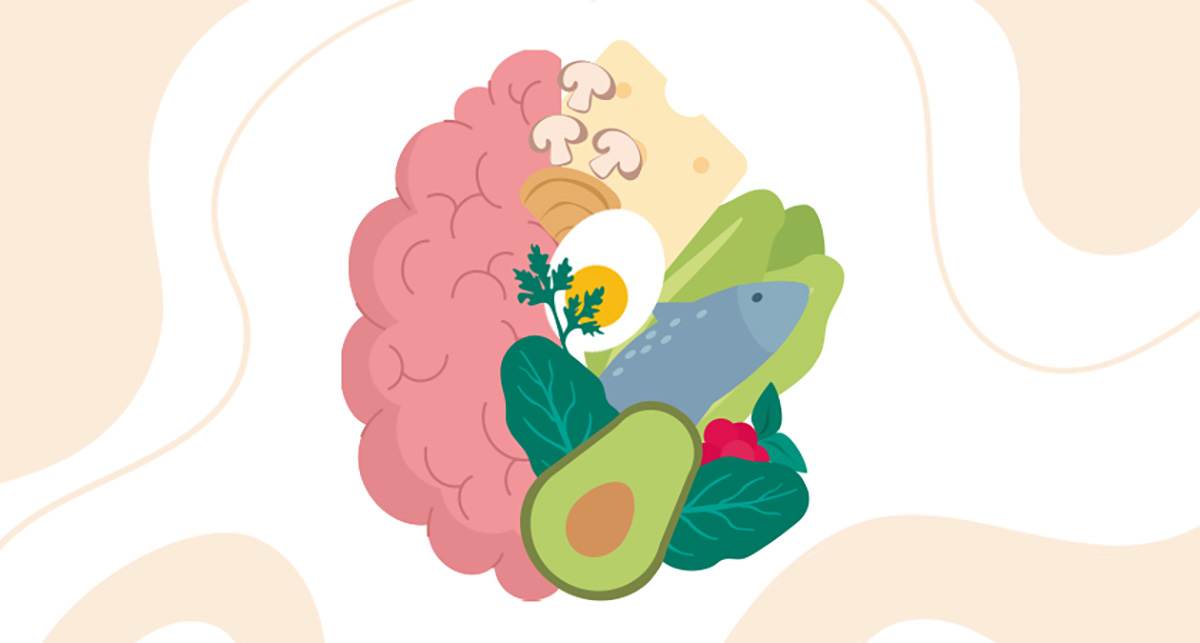 Grafika mózgu i zdrowej żywności: ryby, awokado, warzywa.