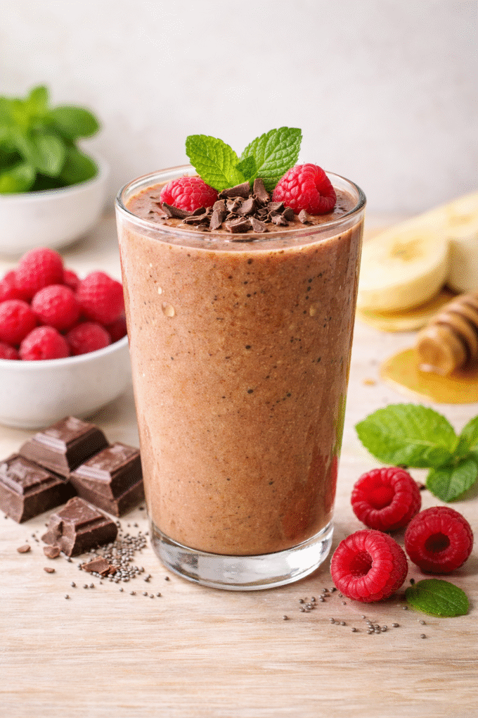 Czekoladowy koktajl z malinami i miętą