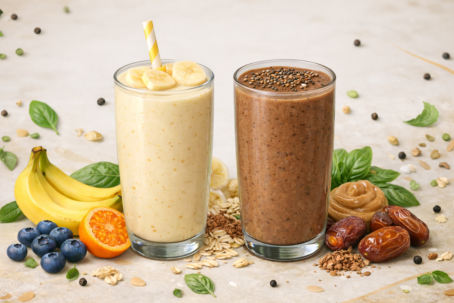 Bananaowy i czekoladowy koktajl z owocami i orzechami