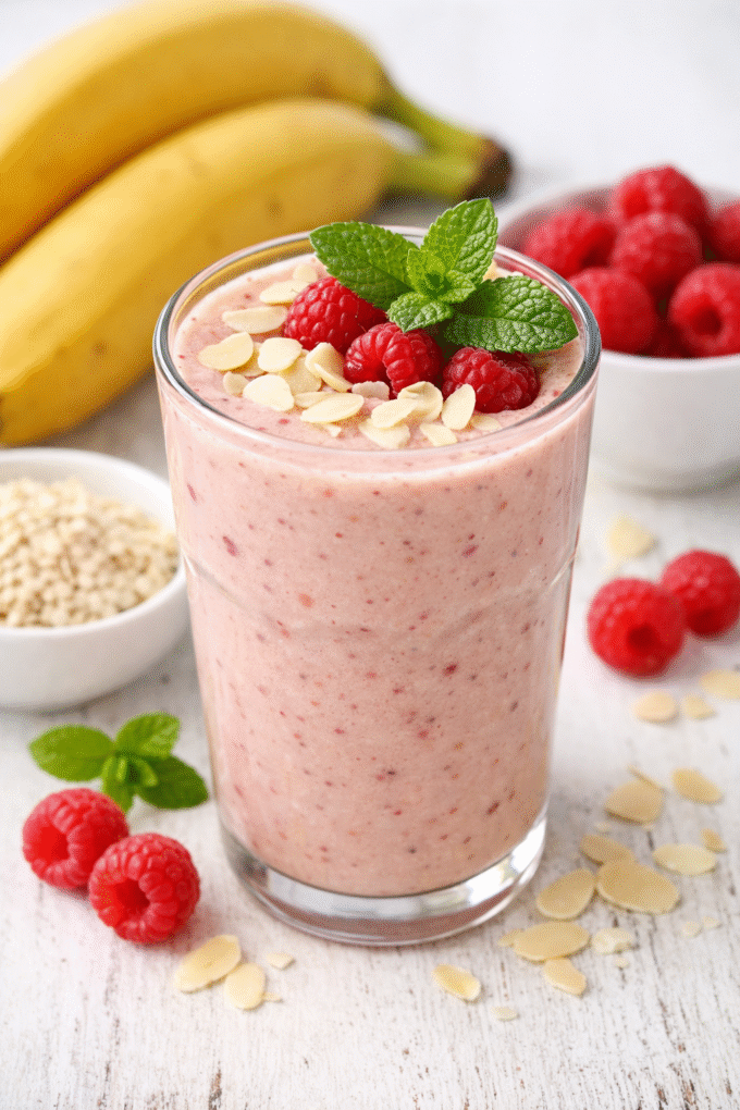 Smoothie bananowo-malinowe z migdałami i miętą