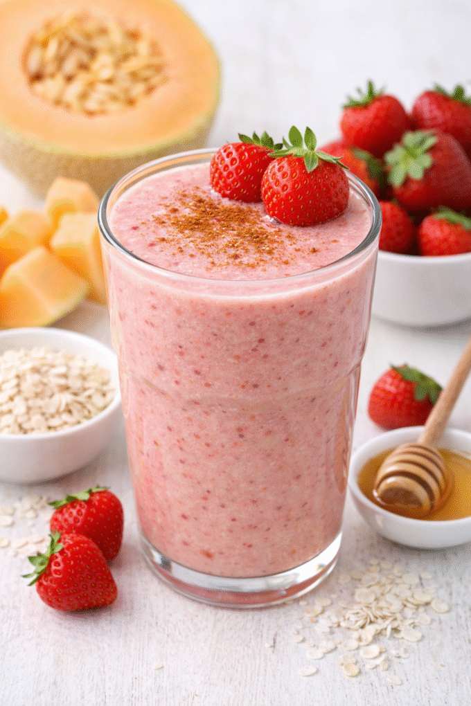 Smoothie truskawkowe z melonem, owsianką i miodem
